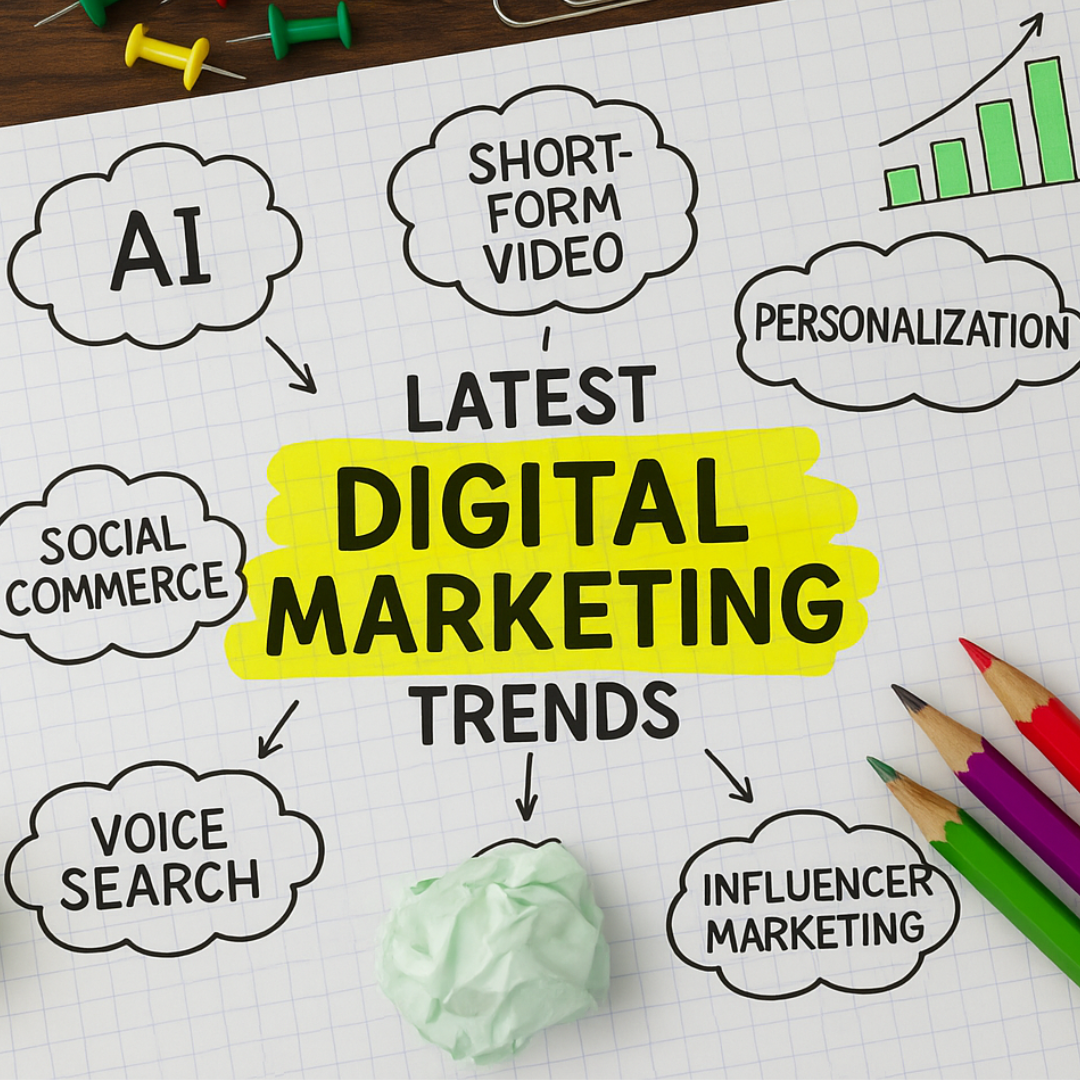 Latest digital marketing trends for 2025 illustrated on a notepad with keywords like AI, short-form video, personalization, influencer marketing, voice search, and social commerce, surrounded by office stationery."